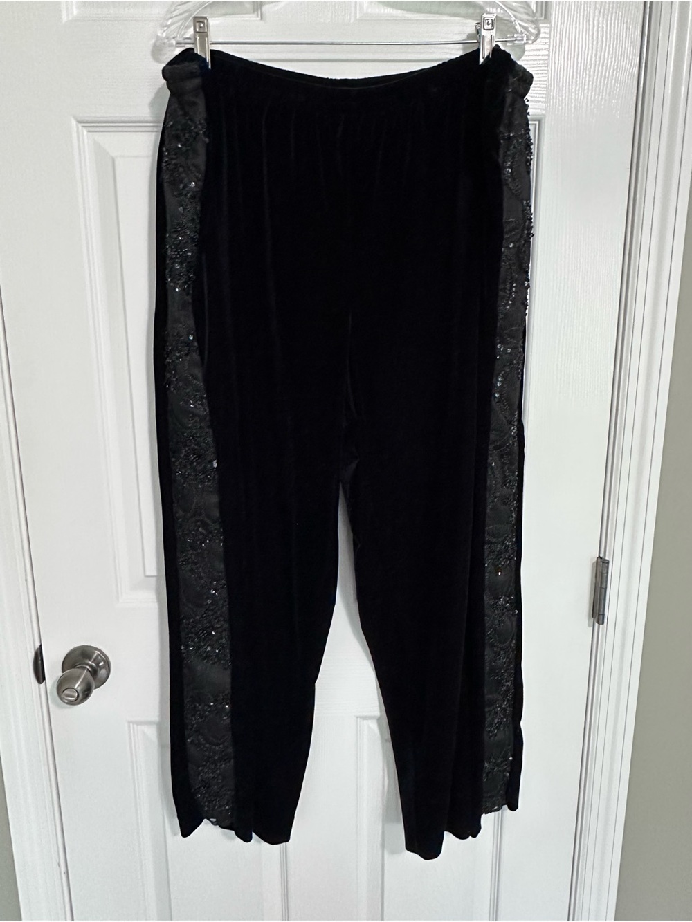 Black Velvet Wide-Leg Pants with Beaded Side Panels